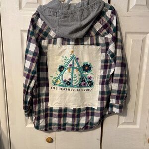 The Deathly Hallows Upcycled Back Graphic T-Shirt & Hooded Flannel - Women's XL